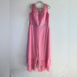 NWT Pink Flowy Tiered Jumpsuit Lace Embroidery & Rhinestone Embellishment